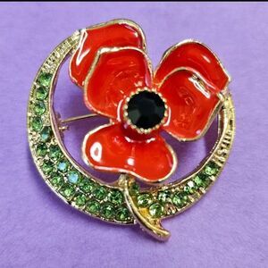 Enamel poppy, green rhinestone pin brooch 1 1/4"